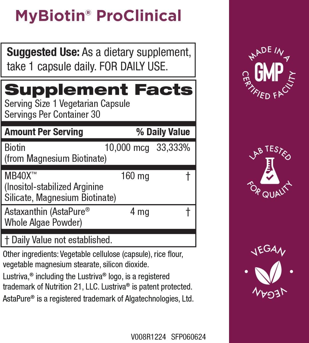 Purity Products MyBiotin ProClinical – Thicker Hair Starting in 3 Weeks & Fights Wrinkles - MB40X Patented Biotin Matrix w/Astaxanthin - 40X More Soluble vs Ordinary Biotin 30 Veg Cap