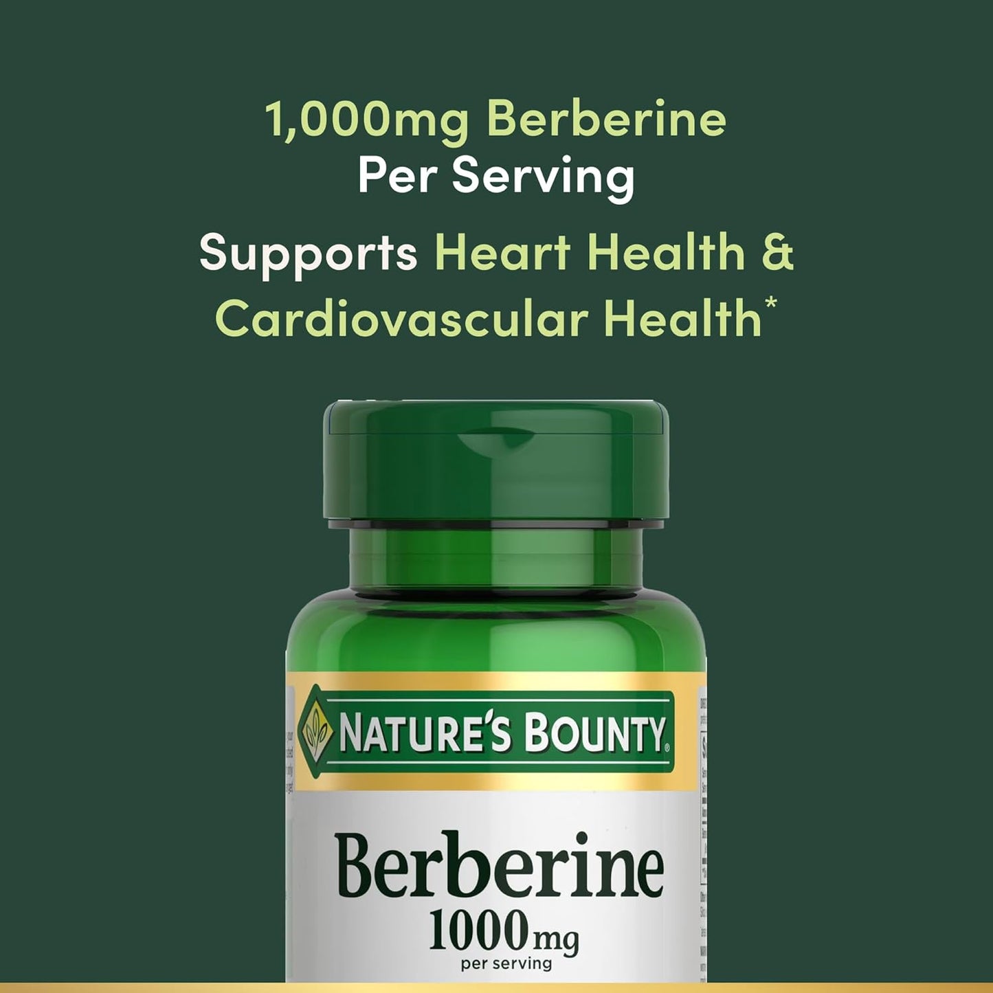 Nature's Bounty Berberine Supplements,1000mg, Berberine Capsules for Blood Sugar Support, Cholesterol & Heart Health, 60 Count
