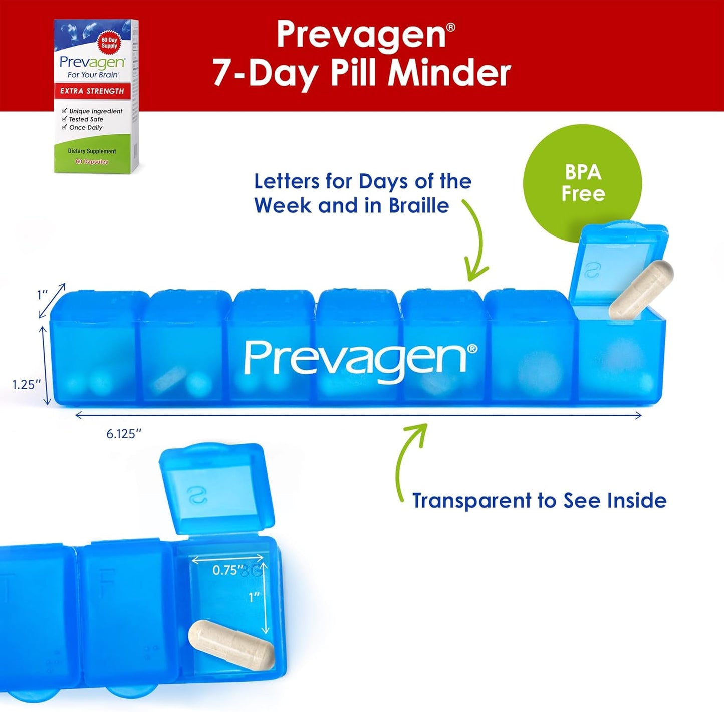 Prevagen Extra Strength - 60 Capsules | Formulated for Your Brain | 20mg of Apoaequorin Plus Vitamin D3 with 7-Day Pill Minder