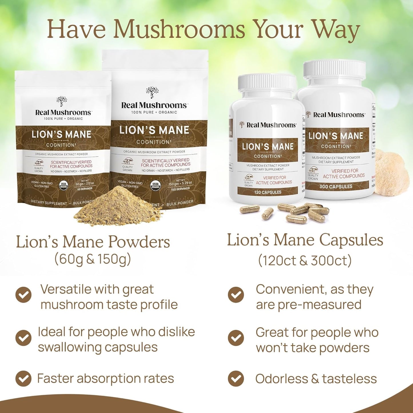 Real Mushrooms Lions Mane Supplement Capsules - Mushroom Supplement for Overall Wellness with Verified Beta Glucans – Non-GMO, Vegan Mushroom Supplements in 120 Capsules