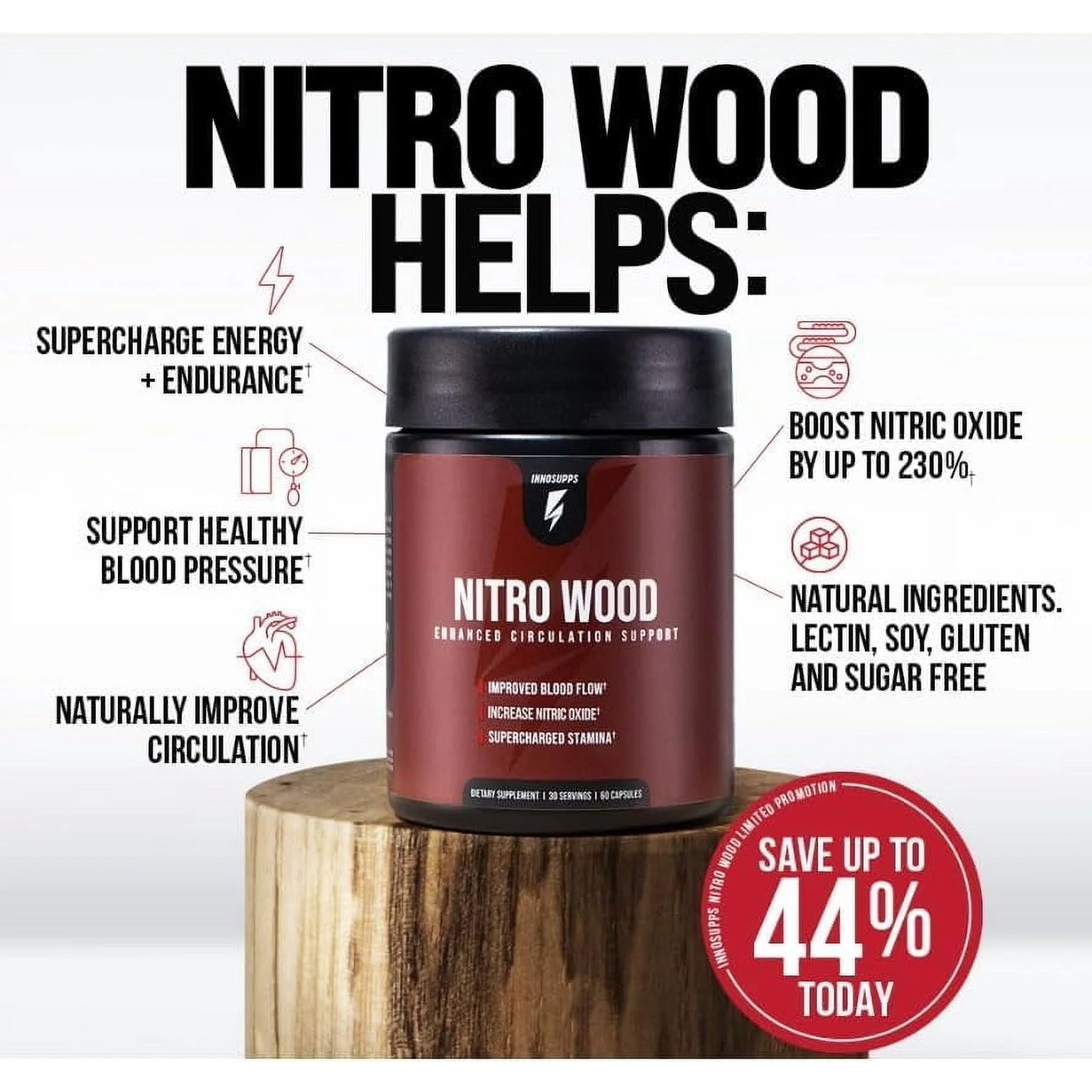 Nitro Wood Enhanced Circulation, Reduced Swelling & Stamina Support | 60 Capsules