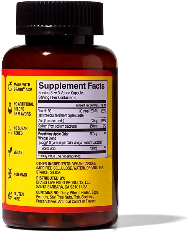 Bragg Apple Cider Vinegar Capsules with Vitamin D and Zinc - 90 Capsules - Supports The Immune System
