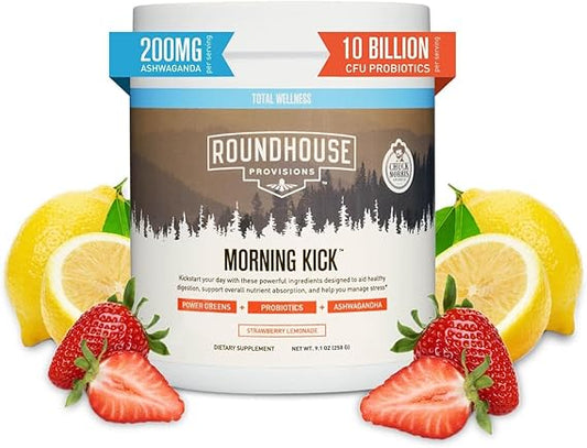 ROUNDHOUSE PROVISION Morning Kick, Zero Sugar Greens Superfood Powder Supplement with Ashwaganda, Collagen, Probiotics, Debloat Drink, 30 Servings (Strawberry Lemonade) by Chuck Norris