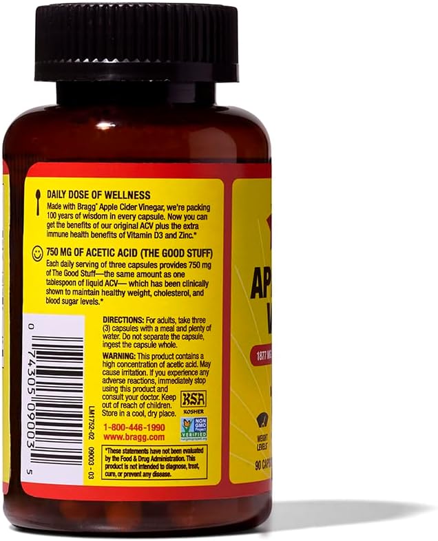 Bragg Apple Cider Vinegar Capsules with Vitamin D and Zinc - 90 Capsules - Supports The Immune System