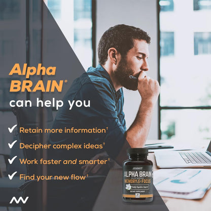 Alpha-Brain Cognitive Enhancement Nootropic Capsules - Memory Support, Mental Clarity & Focus - Brain Health Supplement with L-Theanine, Vitamin B6 & Phosphatidylserine - 90 Count