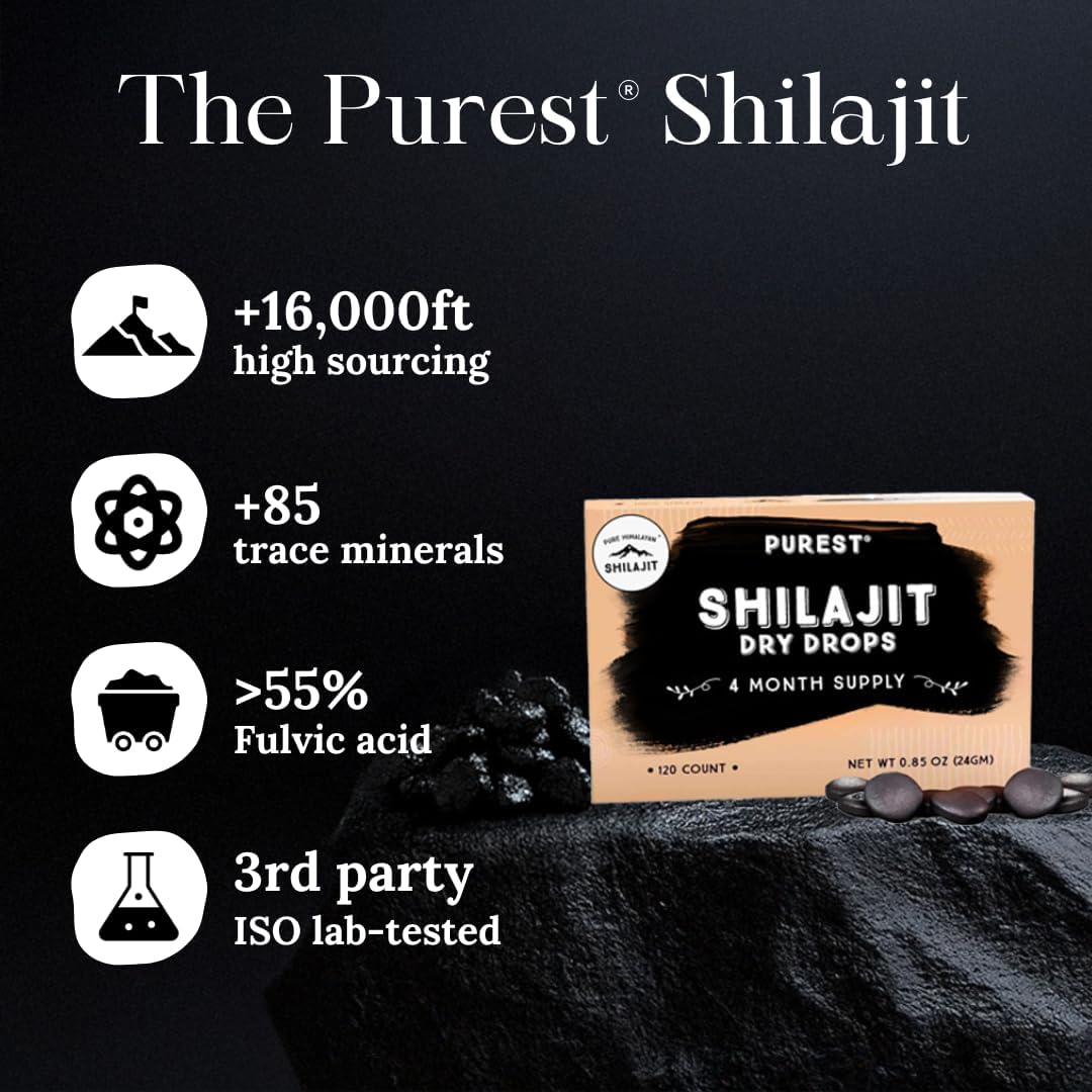 Pure Himalayan Shilajit Dry Drops, 100% Pure Natural Shilajit, Grade A, Max Potency 85+ Clean Trace Minerals & Fulvic Acid for Energy, Metabolism & Immune Support Supplement for Men & Women (120 tabs)