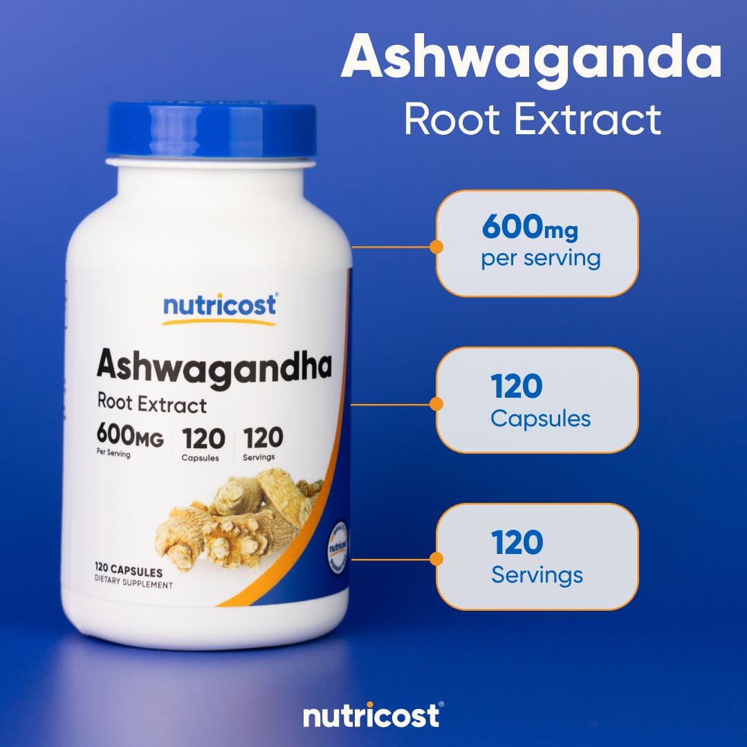 Nutricost Ashwagandha Herbal Supplement 600mg, 120 Capsules - Vegetarian, Non-GMO, Gluten Free, Ashwagandha Root