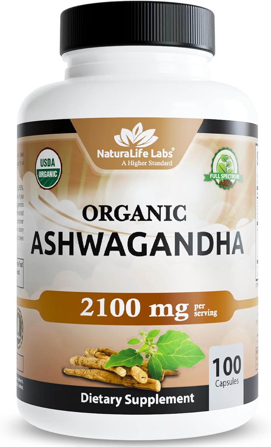 NaturaLife Labs Organic Ashwagandha 2100 mg per Serving – Root Powder & Extract – 100 Capsules – Vegan, Non-GMO, Gluten-Free