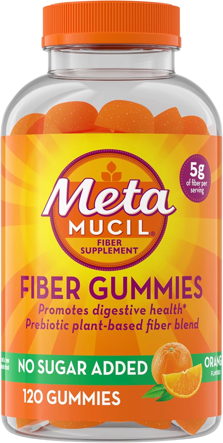 Metamucil Sugar Free Fiber Gummies for Adults – 5g Prebiotic Plant-Based Fiber Supplement for Digestive Health, Orange Flavor, 120 Count