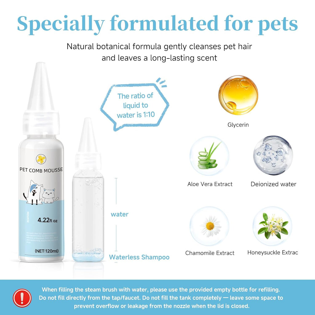Pet Steam Brush for Dog & Cat - 3-in-1 Steam Grooming Brush for Shedding & Hair Removal - Self Cleaning Spray Comb with Mist for Long Haired Pets - Includes 1*Waterless Shampoo, Blue.