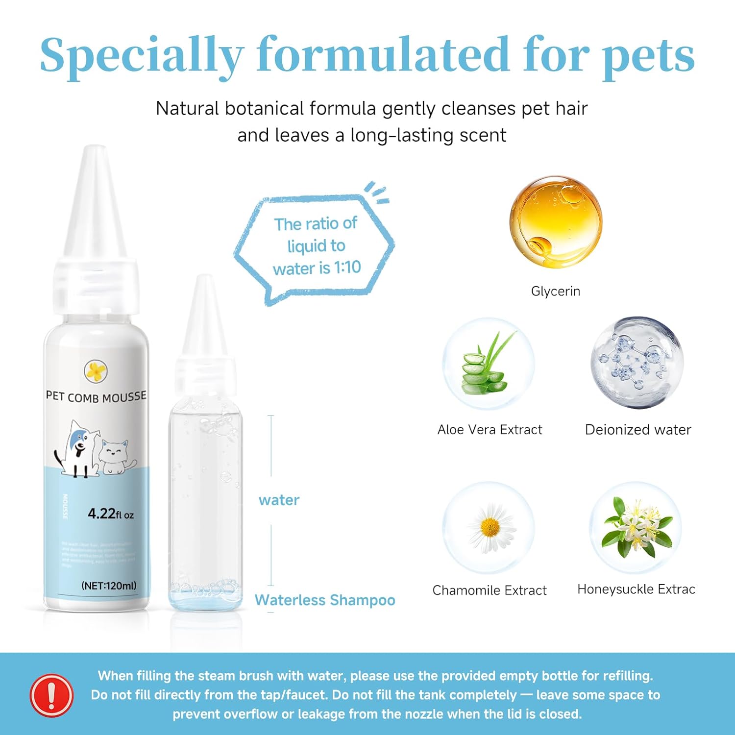 Pet Steam Brush for Dog & Cat - 3-in-1 Steam Grooming Brush for Shedding & Hair Removal - Self Cleaning Spray Comb with Mist for Long Haired Pets - Includes 1*Waterless Shampoo, Blue.