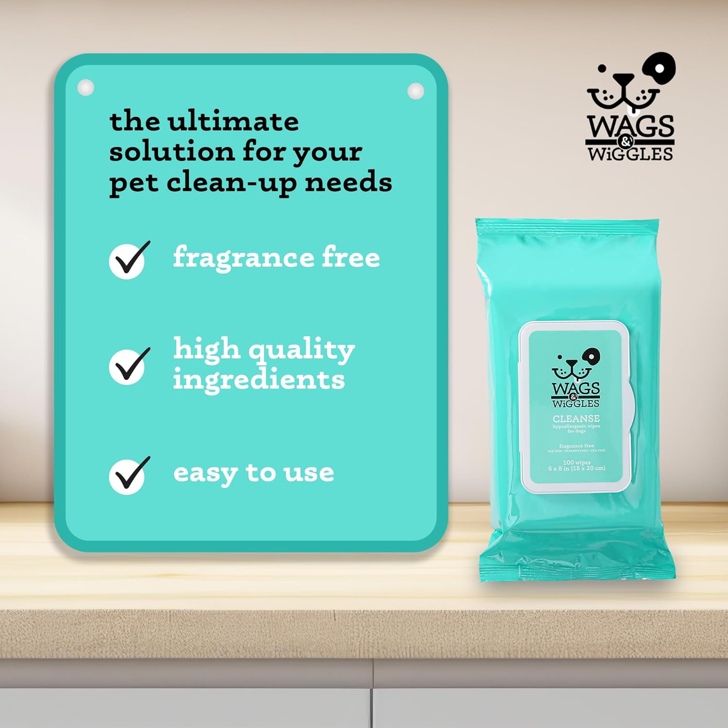 Wags & Wiggles Cleanse Hypoallergenic Wipes 100ct | Hypoallergenic Dog Wips 100 Count Package, Fragrance Free | Waterless Bathing to Keep Pets with Sensitive Skin Clean (FF22031)