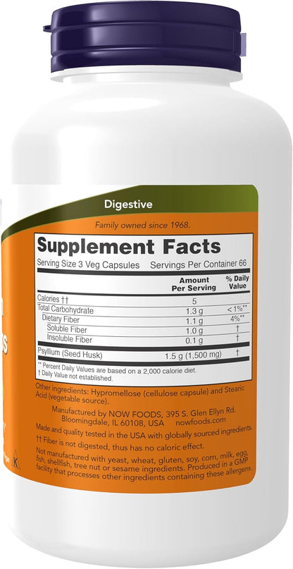 NOW Foods Supplements, Psyllium Husk Caps 500 mg, Non-GMO Project Verified, Natural Soluble Fiber, Intestinal Health*, 200 Veg Capsules