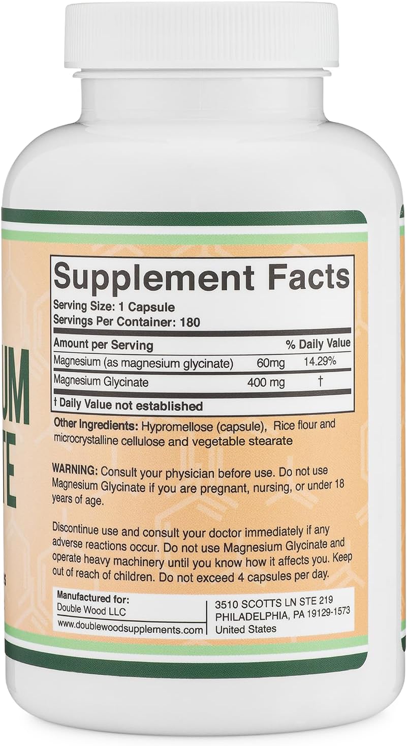 Double Wood Supplements Magnesium Glycinate 400mg | 180 Capsules | Sleep, Muscle, & Heart Support | Vegan, Third Party Tested, Gluten Free, Non-GMO