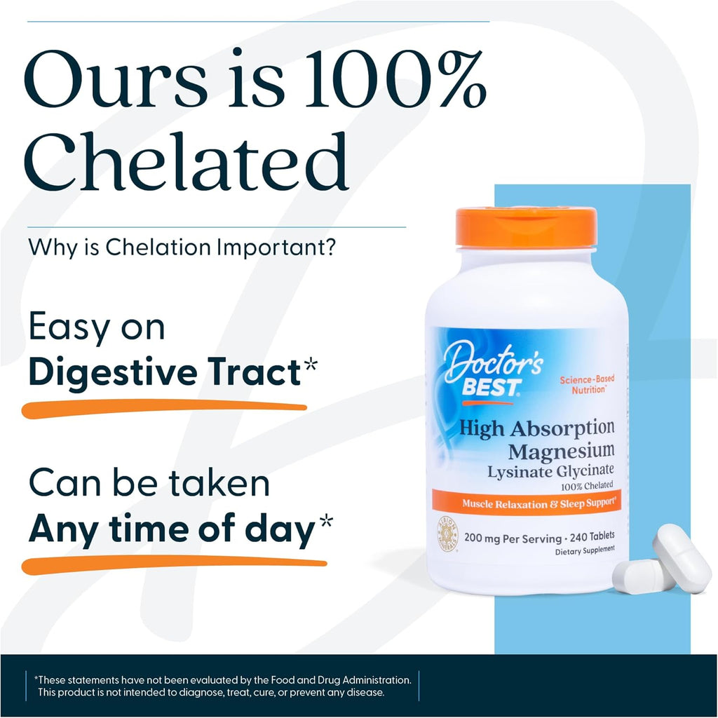 Doctor’s Best High Absorption Magnesium Glycinate Lysinate Supplement - 100% Chelated for Maximum Absorption - Magnesium for Sleep and Muscle Relaxation - 200 Mg Per Serving - 240 Tablets