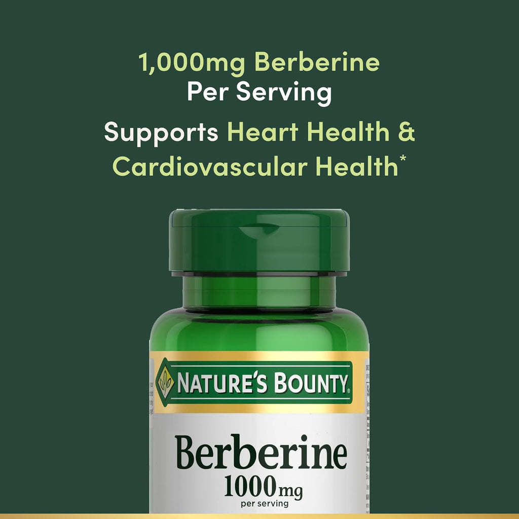 Nature’s Bounty Berberine 1000mg Capsules, Supports Heart Health, Cholesterol & Blood Sugar Levels in a Normal Range, Non-GMO Supplement, 60 Count