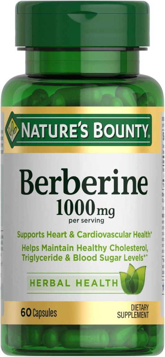 Nature's Bounty Berberine Supplements,1000mg, Berberine Capsules for Blood Sugar Support, Cholesterol & Heart Health, 60 Count