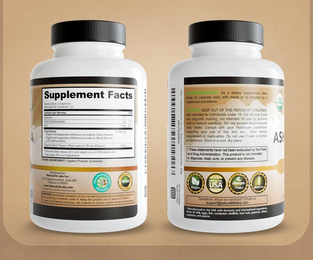 NaturaLife Labs Organic Ashwagandha 2100 mg per Serving – Root Powder & Extract – 100 Capsules – Vegan, Non-GMO, Gluten-Free