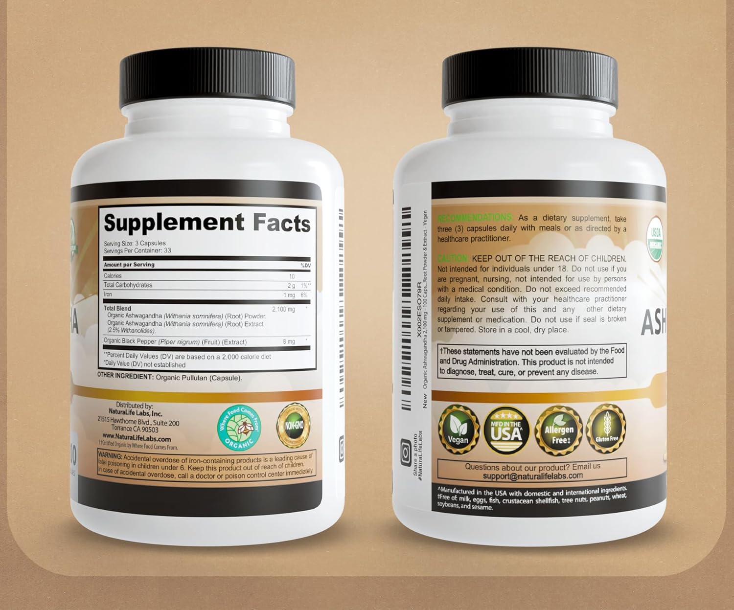 NaturaLife Labs Organic Ashwagandha 2100 mg per Serving – Root Powder & Extract – 100 Capsules – Vegan, Non-GMO, Gluten-Free