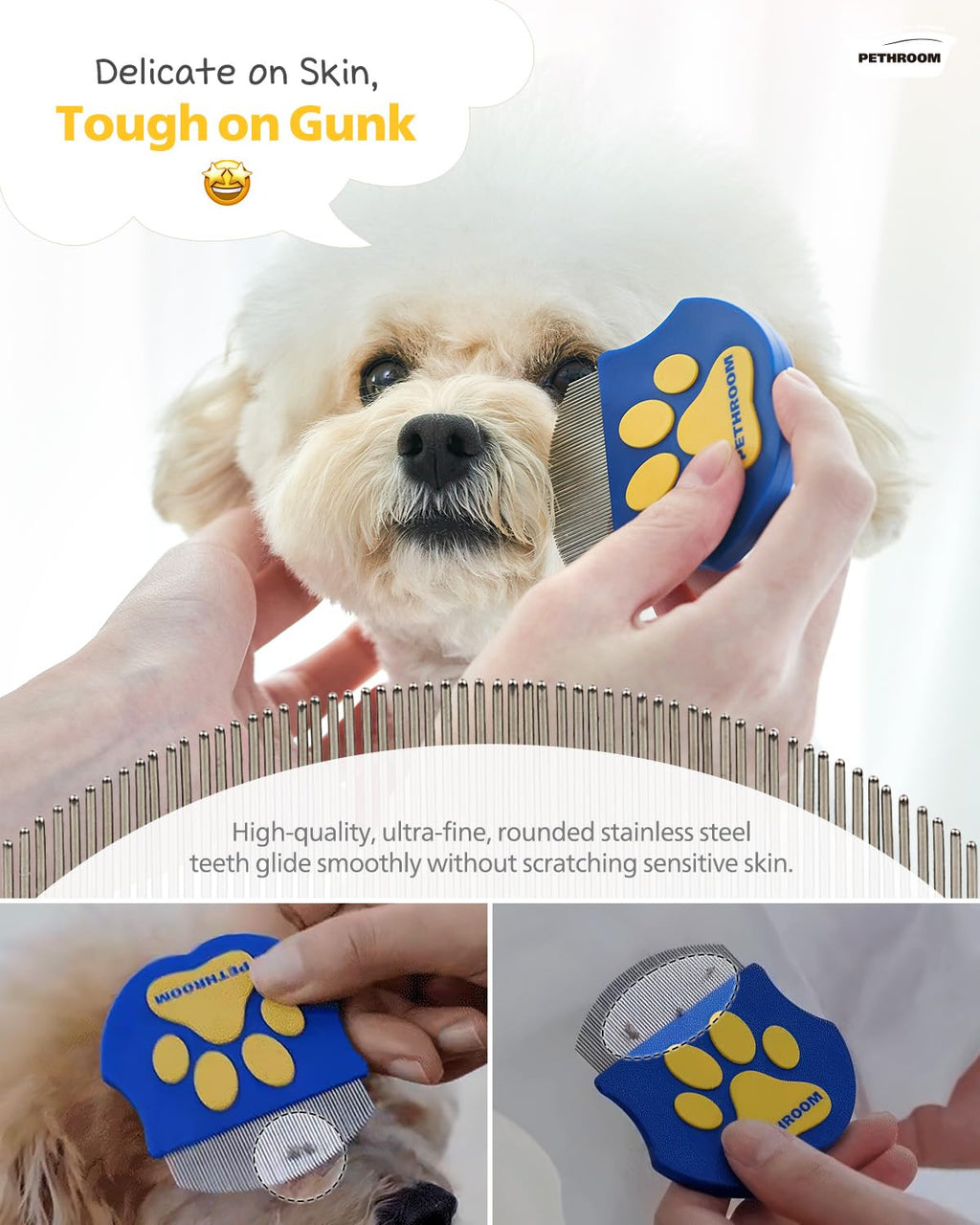 [PETHROOM] Professional Eye Comb for Pets | Stainless Steel Tear Stain Remover for Cats & Dogs | Gentle Round-Head Grooming Tool | Compact & Portable for Eye Gunk Removal