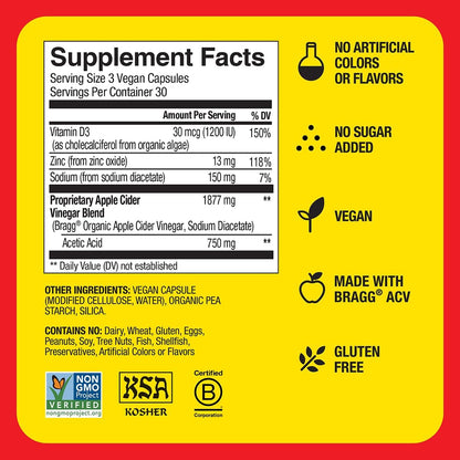 Bragg Apple Cider Vinegar Capsules with Vitamin D and Zinc - 90 Capsules - Supports The Immune System
