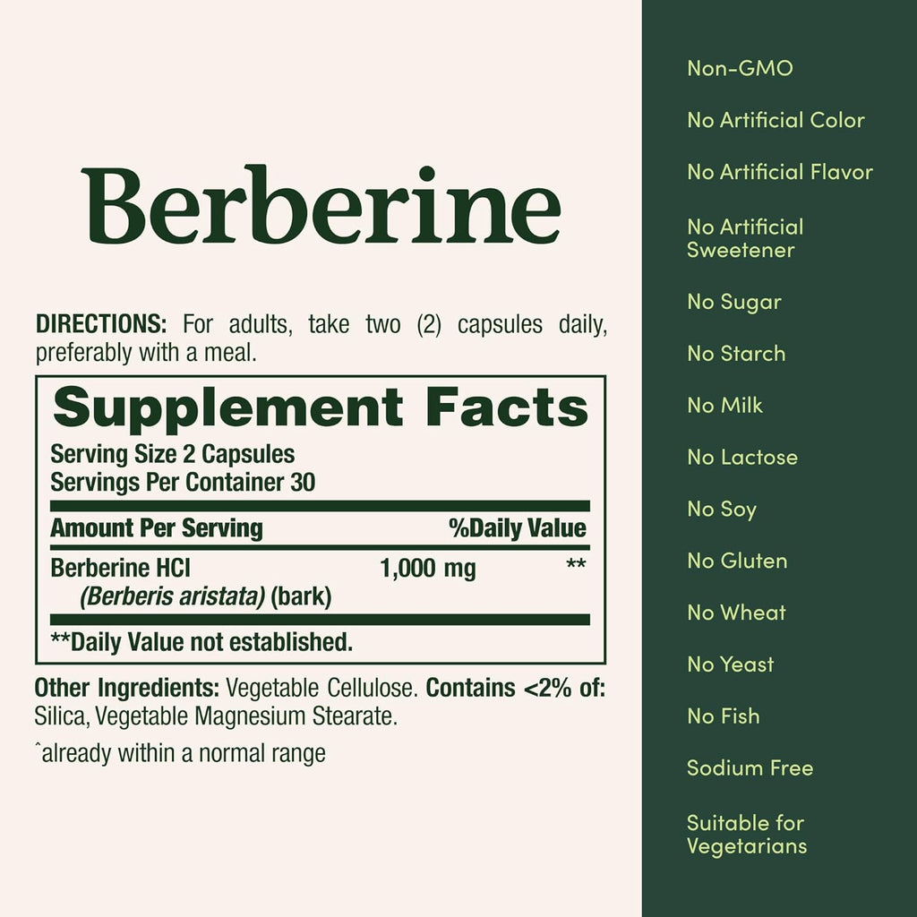 Nature’s Bounty Berberine 1000mg Capsules, Supports Heart Health, Cholesterol & Blood Sugar Levels in a Normal Range, Non-GMO Supplement, 60 Count
