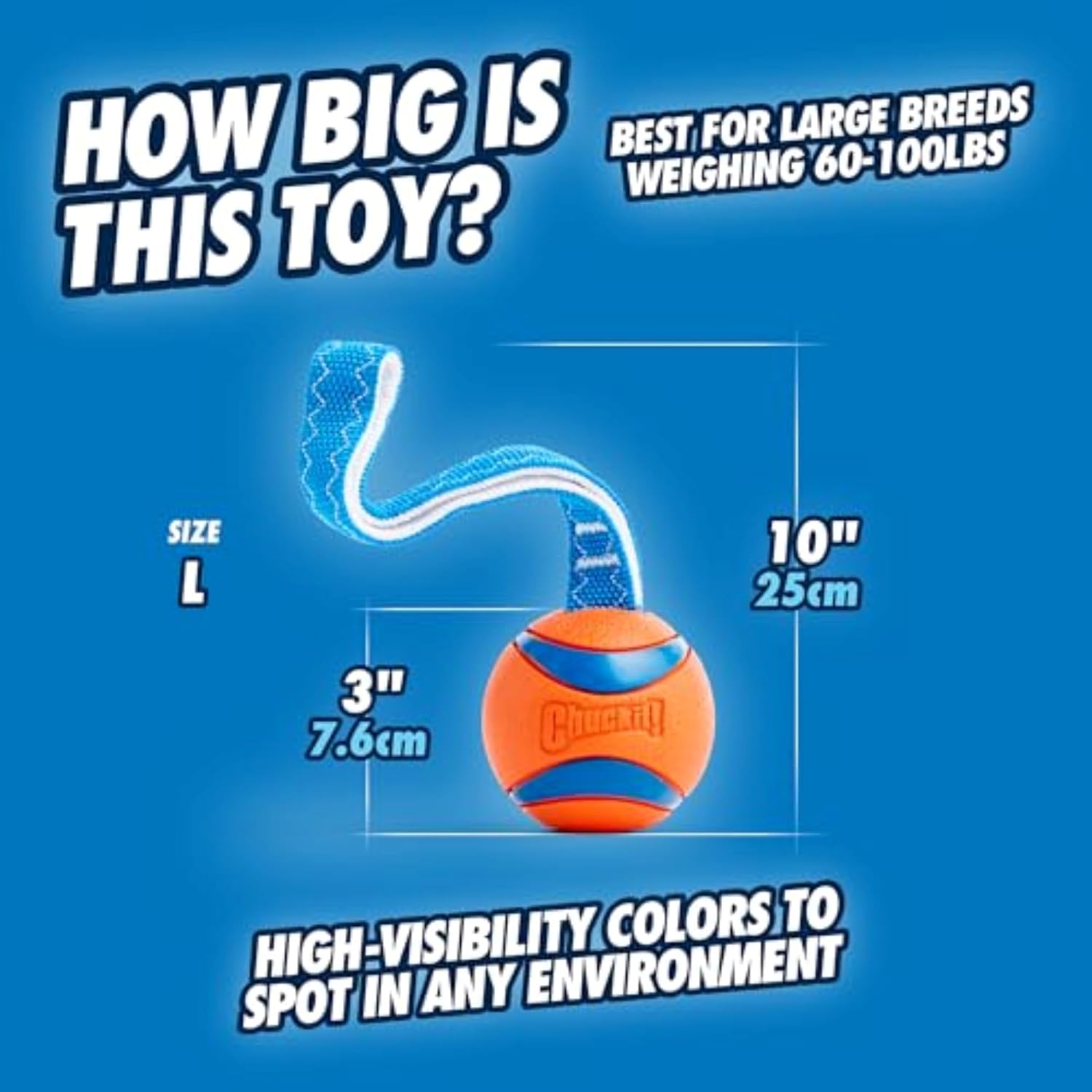 Chuckit! Ultra Tug Dog Toy - Ultra Ball on a Durable Nylon Cord Handle - Fetch and Tug-of-War Toy for Dogs - Size Large - For Breeds 60-100 lbs - 3-inch Diameter - Orange and Blue