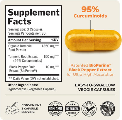 Turmeric Curcumin with Black Pepper Extract 1500mg - High Absorption Ultra Potent Turmeric Supplement with 95% Curcuminoids and BioPerine - Non GMO Tumeric Capsules for Joint Support - 90 Capsules