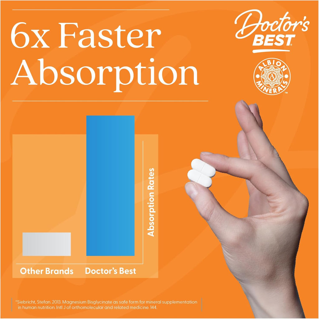 Doctor’s Best High Absorption Magnesium Glycinate Lysinate Supplement - 100% Chelated for Maximum Absorption - Magnesium for Sleep and Muscle Relaxation - 200 Mg Per Serving - 240 Tablets