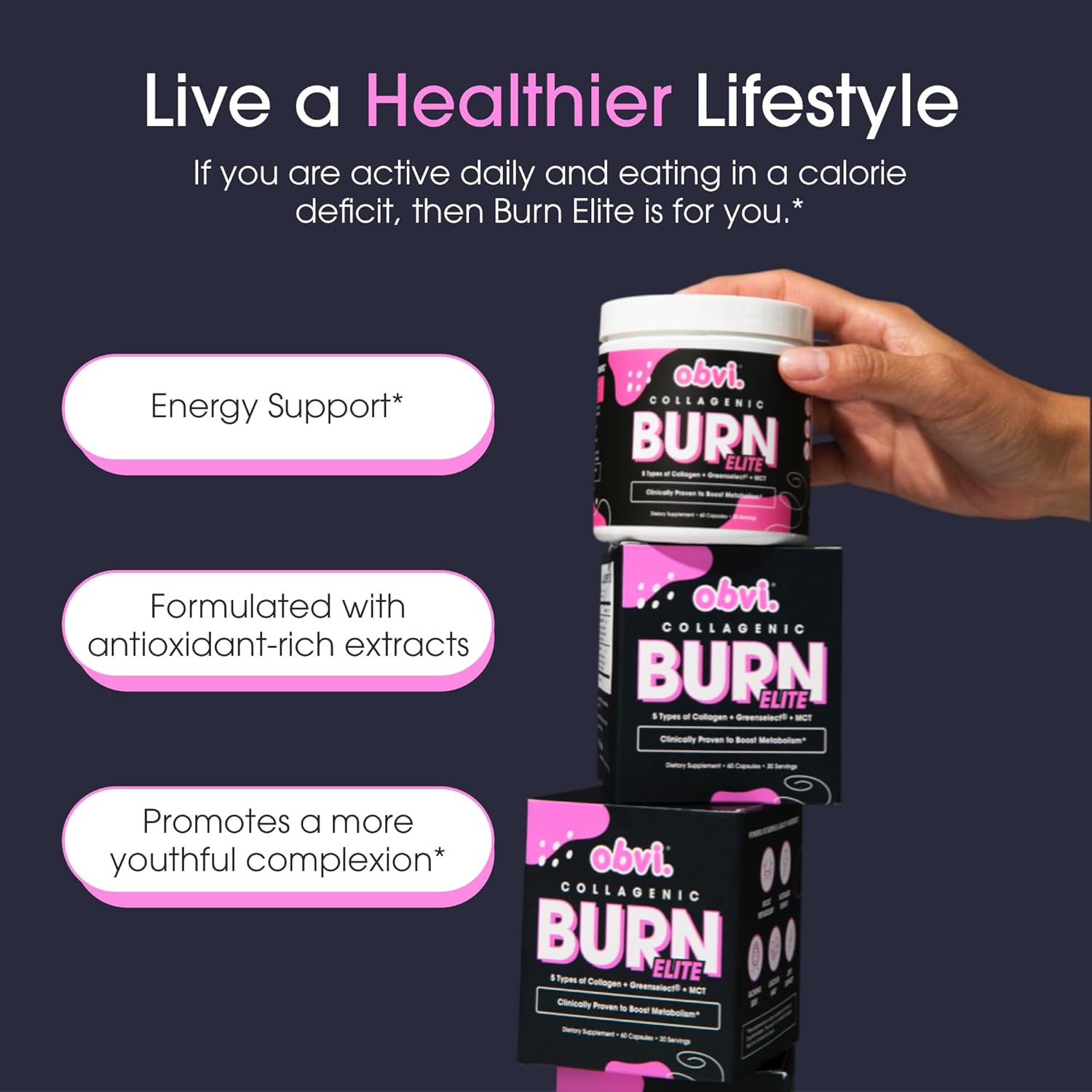 Obvi Burn Elite | Supports Metabolism Boost, Energy, and Focus | Supplement with Collagen and Green Tea | Supports Healthy Hair, Skin, Nails, and Joints | 60 Capsules, 30 Servings