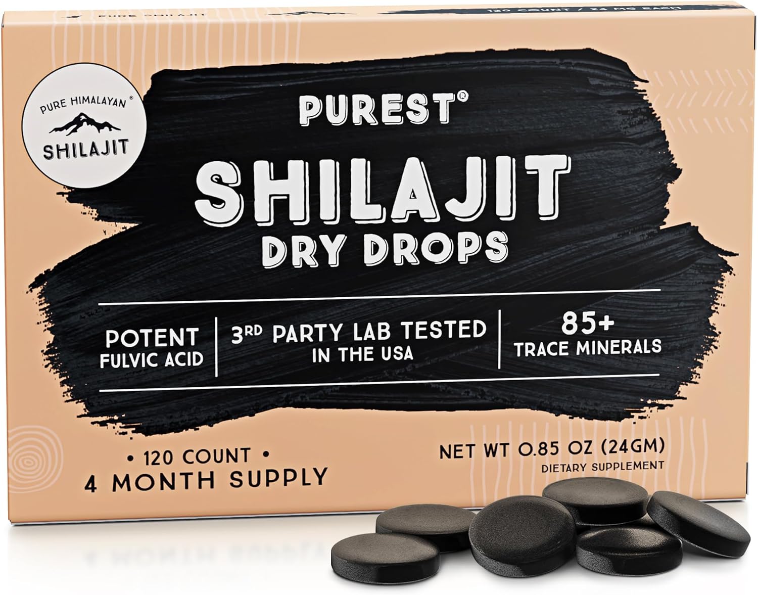 Pure Himalayan Shilajit Dry Drops, 100% Pure Natural Shilajit, Grade A, Max Potency 85+ Clean Trace Minerals & Fulvic Acid for Energy, Metabolism & Immune Support Supplement for Men & Women (120 tabs)