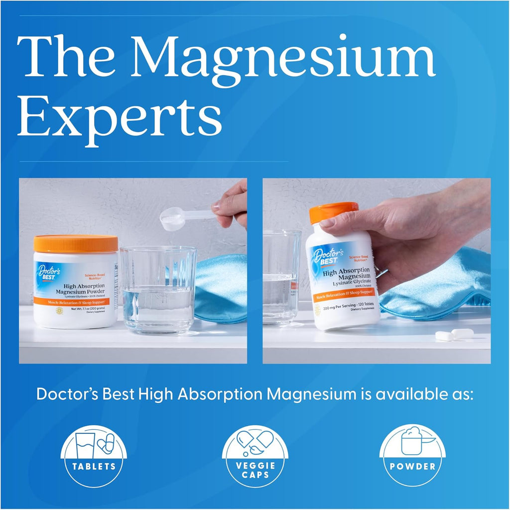 Doctor’s Best High Absorption Magnesium Glycinate Lysinate Supplement - 100% Chelated for Maximum Absorption - Magnesium for Sleep and Muscle Relaxation - 200 Mg Per Serving - 240 Tablets