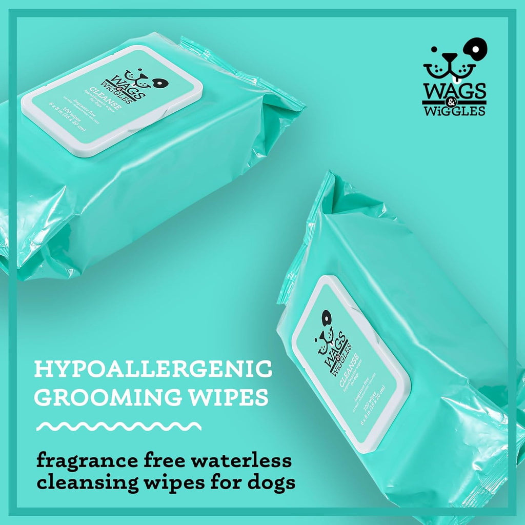 Wags & Wiggles Cleanse Hypoallergenic Wipes 100ct | Hypoallergenic Dog Wips 100 Count Package, Fragrance Free | Waterless Bathing to Keep Pets with Sensitive Skin Clean (FF22031)