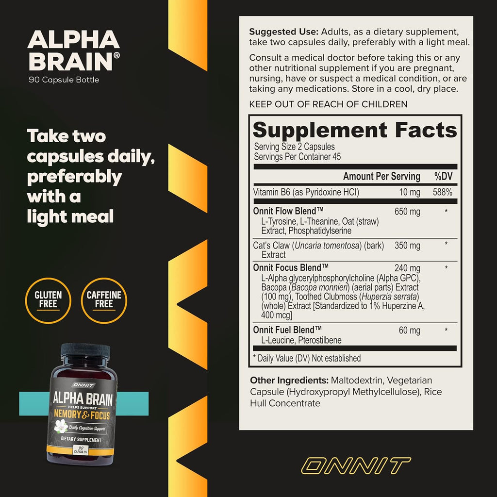 Alpha-Brain Cognitive Enhancement Nootropic Capsules - Memory Support, Mental Clarity & Focus - Brain Health Supplement with L-Theanine, Vitamin B6 & Phosphatidylserine - 90 Count