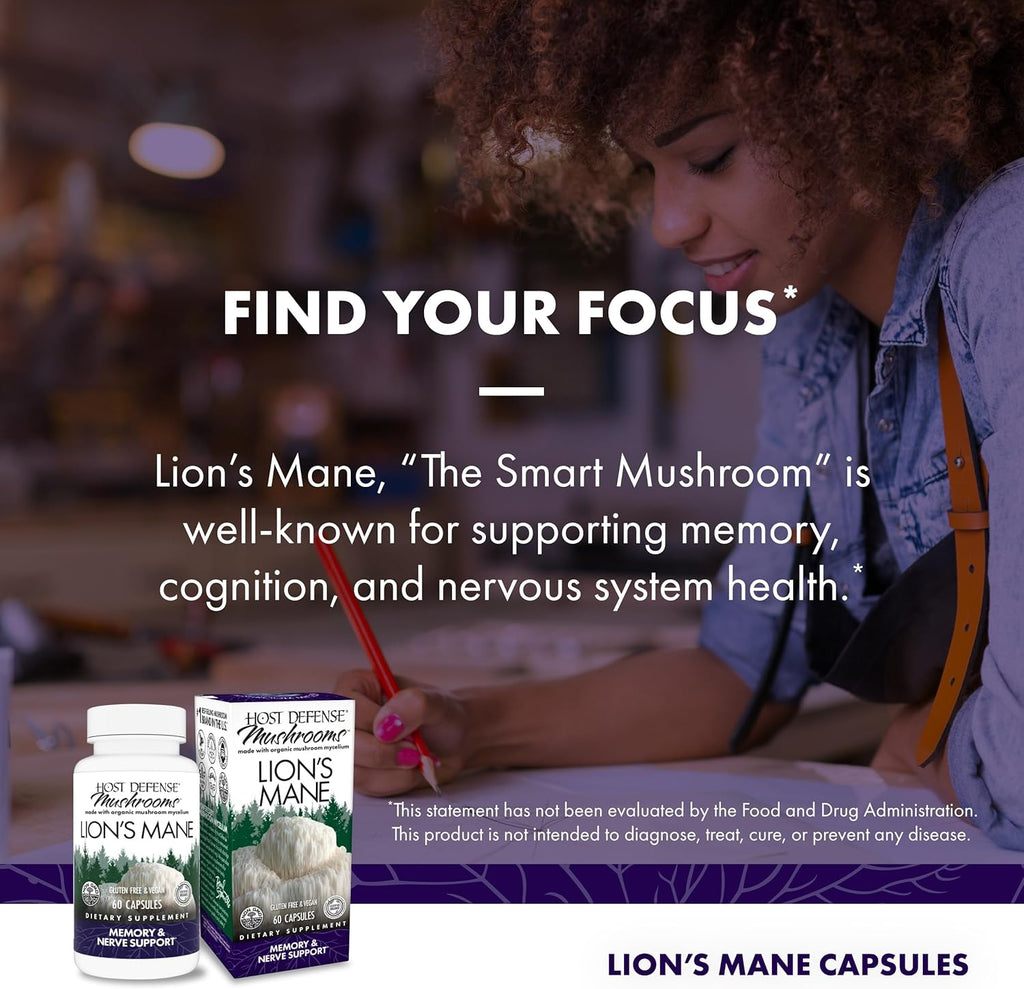 Host Defense Mushrooms Lion's Mane - Supplement Capsules for Brain Health Support - Mushroom Support for Focus & Memory Function - Immune & Nervous System Supplement - 60 Capsules (30 Servings)*