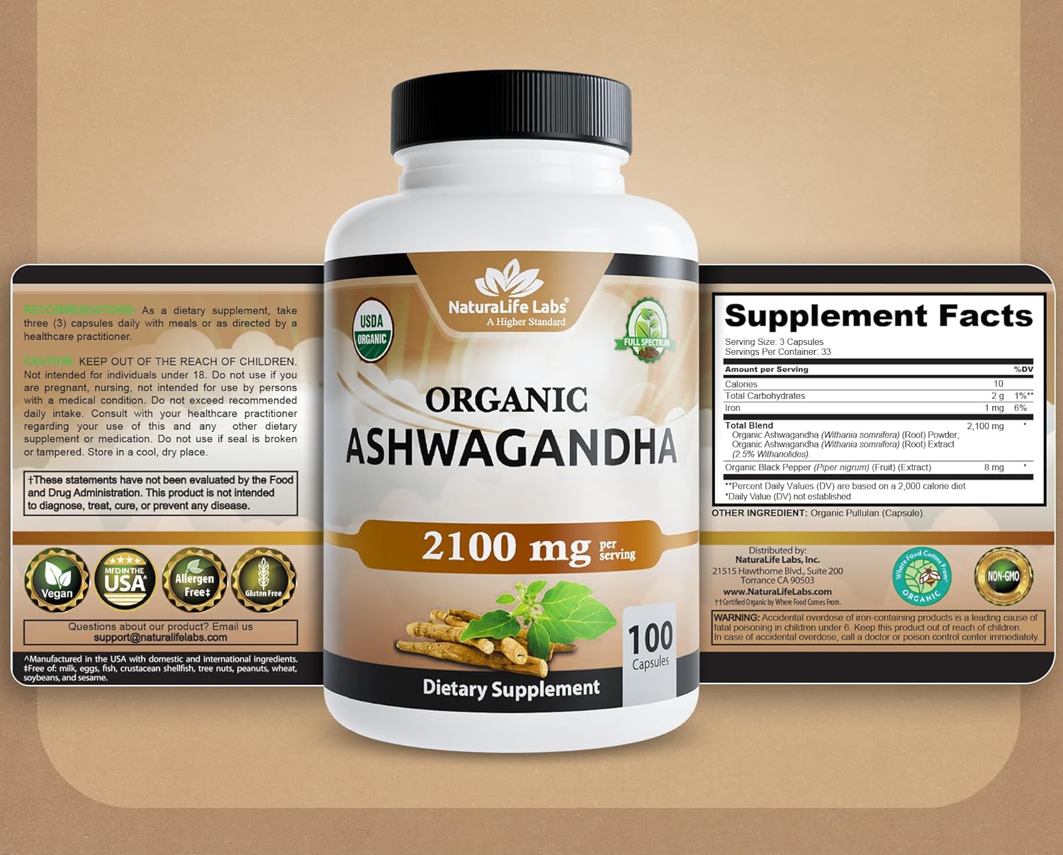 NaturaLife Labs Organic Ashwagandha 2100 mg per Serving – Root Powder & Extract – 100 Capsules – Vegan, Non-GMO, Gluten-Free