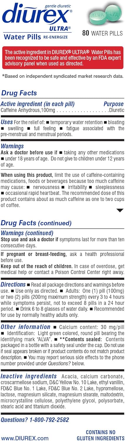 Diurex Ultra Re-Energizing Water Pills - Relieve Water Bloat - Feel Better & Less Heavy - 80 Count