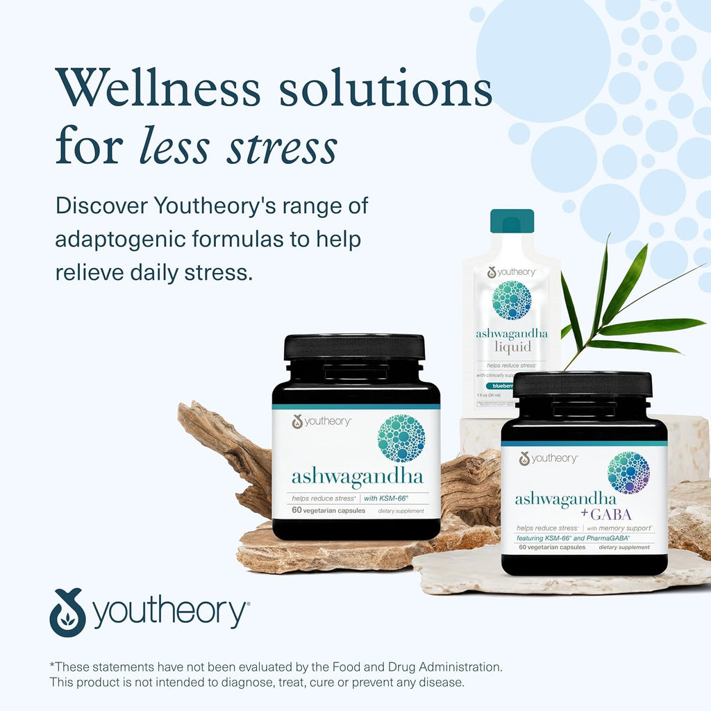Youtheory Ashwagandha - 1,000 mg - Stress Support Supplement - Cortisol Support Supplement - Gluten, Dairy & Soy Free - 60 Vegetarian Capsules