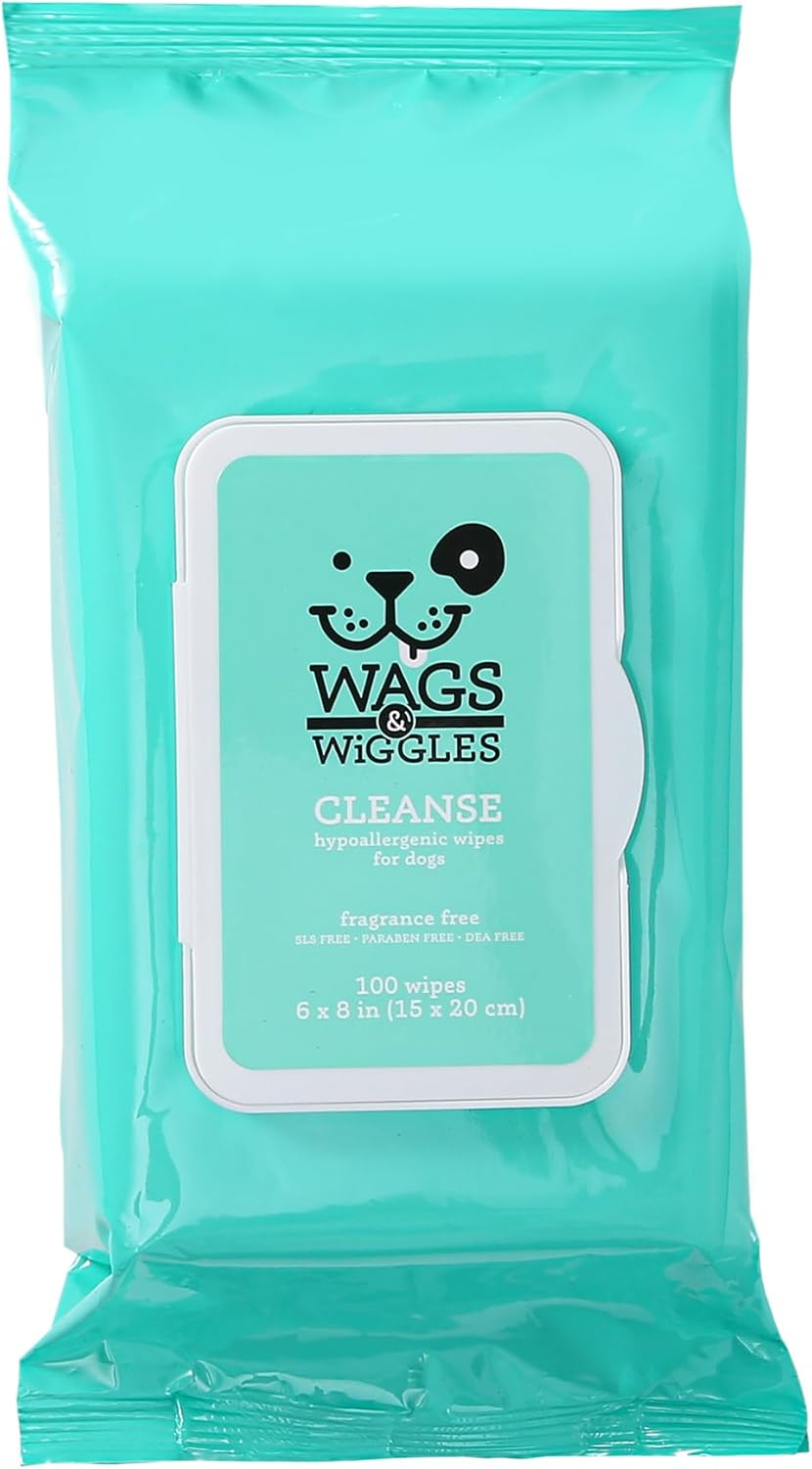 Wags & Wiggles Cleanse Hypoallergenic Wipes 100ct | Hypoallergenic Dog Wips 100 Count Package, Fragrance Free | Waterless Bathing to Keep Pets with Sensitive Skin Clean (FF22031)