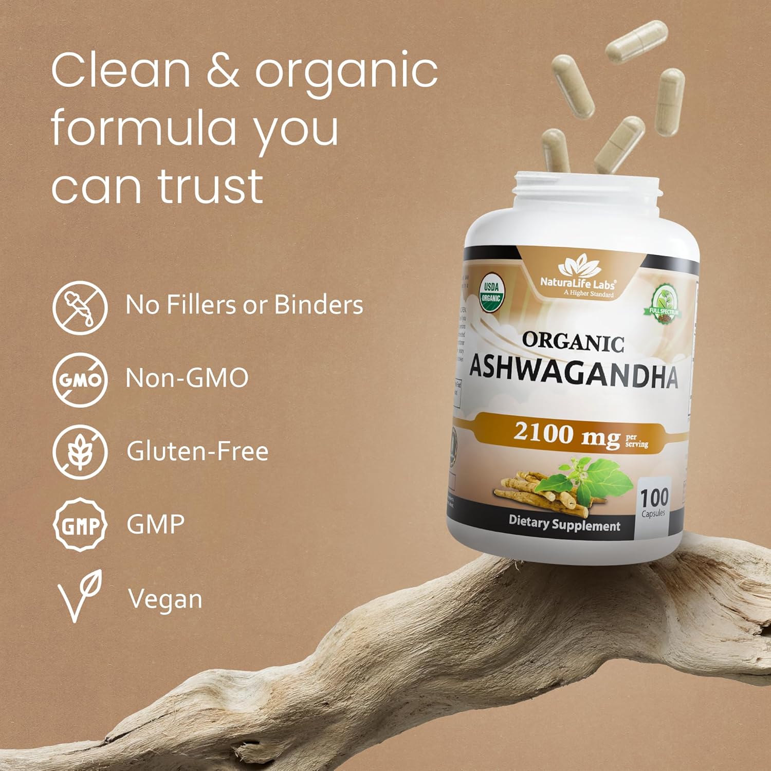 NaturaLife Labs Organic Ashwagandha 2100 mg per Serving – Root Powder & Extract – 100 Capsules – Vegan, Non-GMO, Gluten-Free