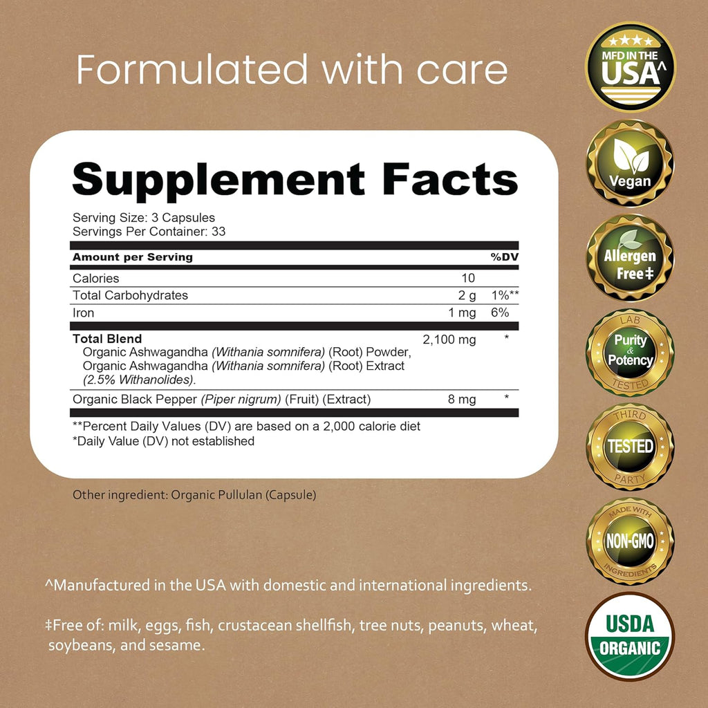 NaturaLife Labs Organic Ashwagandha 2100 mg per Serving – Root Powder & Extract – 100 Capsules – Vegan, Non-GMO, Gluten-Free