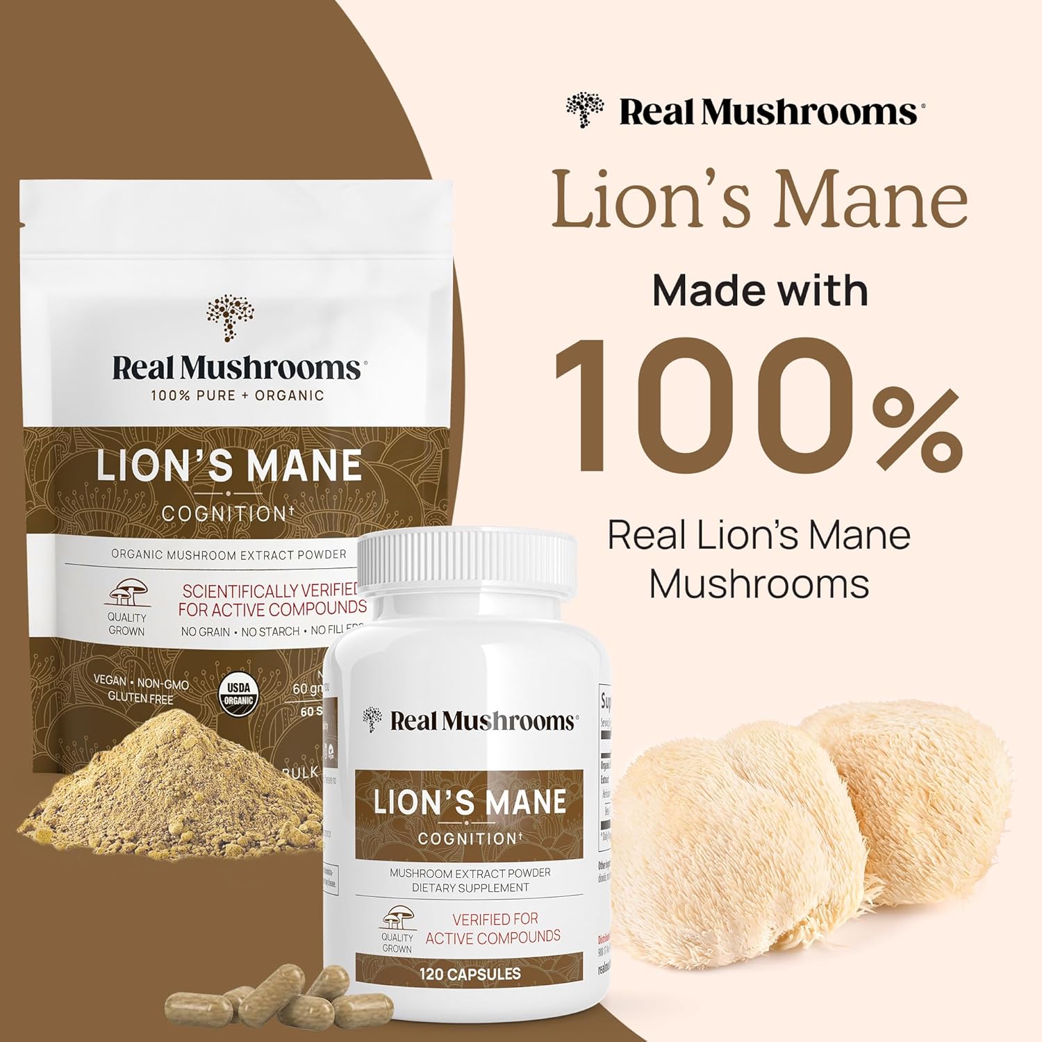 Real Mushrooms Lions Mane Supplement Capsules - Mushroom Supplement for Overall Wellness with Verified Beta Glucans – Non-GMO, Vegan Mushroom Supplements in 120 Capsules