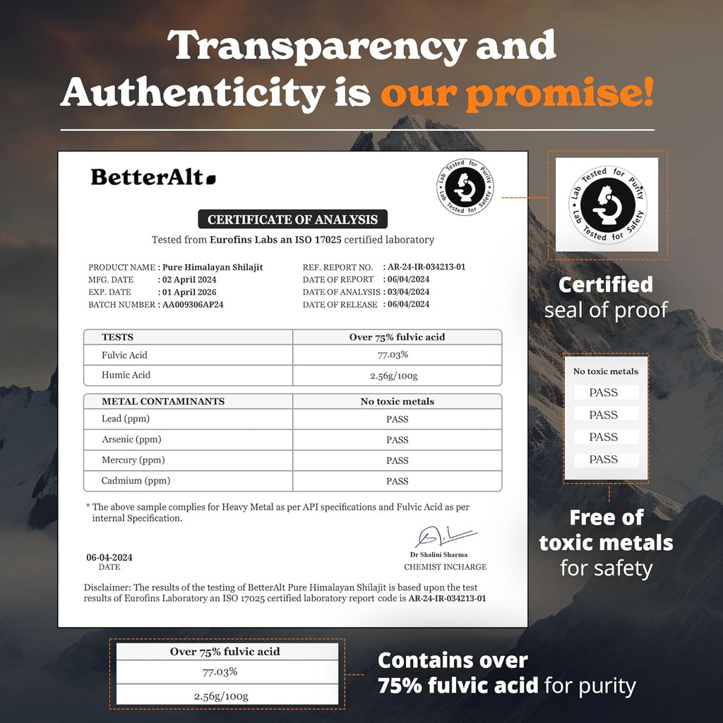 Better Alt Pure Himalayan Shilajit Resin Pack of 1 High Potency Gold Grade 150 Servings for Energy Boost & Immune Support, 85+ Trace Minerals, 75%+ Fulvic Acid, with Lab Test Report,400 mg