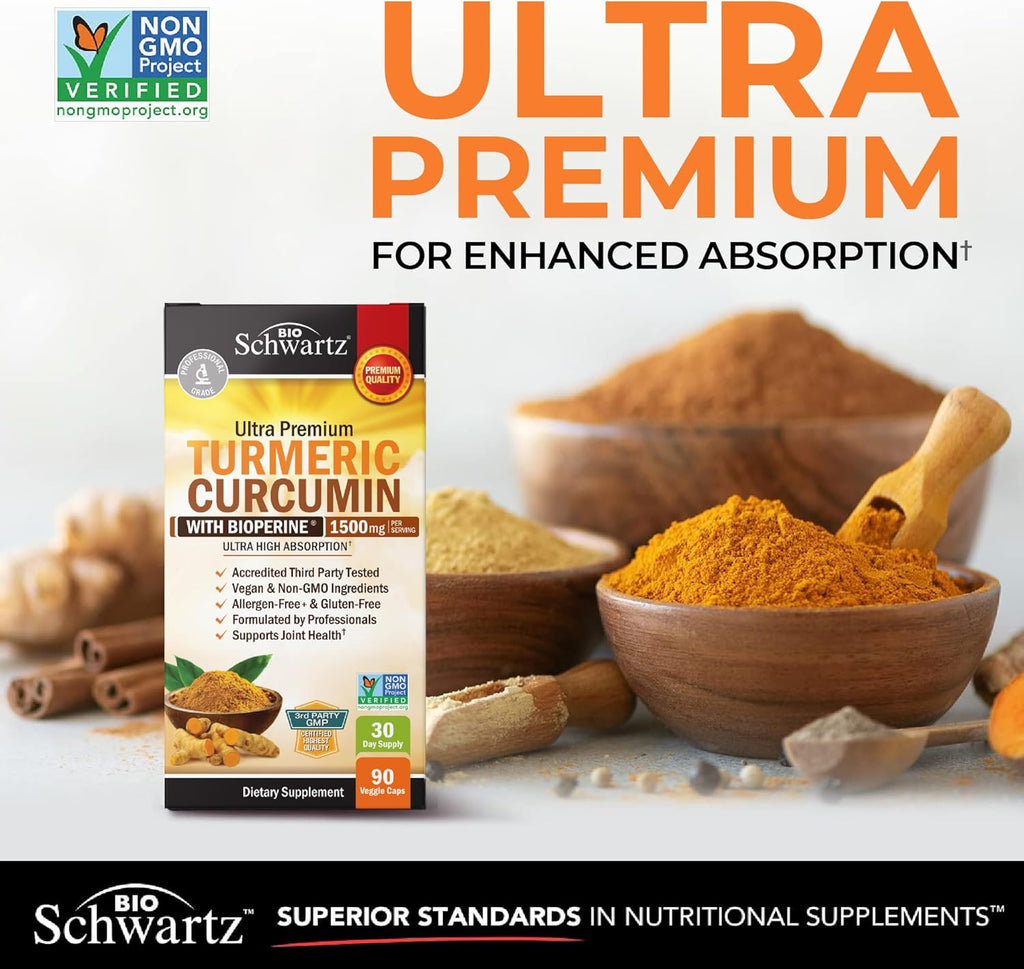 Turmeric Curcumin with Black Pepper Extract 1500mg - High Absorption Ultra Potent Turmeric Supplement with 95% Curcuminoids and BioPerine - Non GMO Tumeric Capsules for Joint Support - 90 Capsules