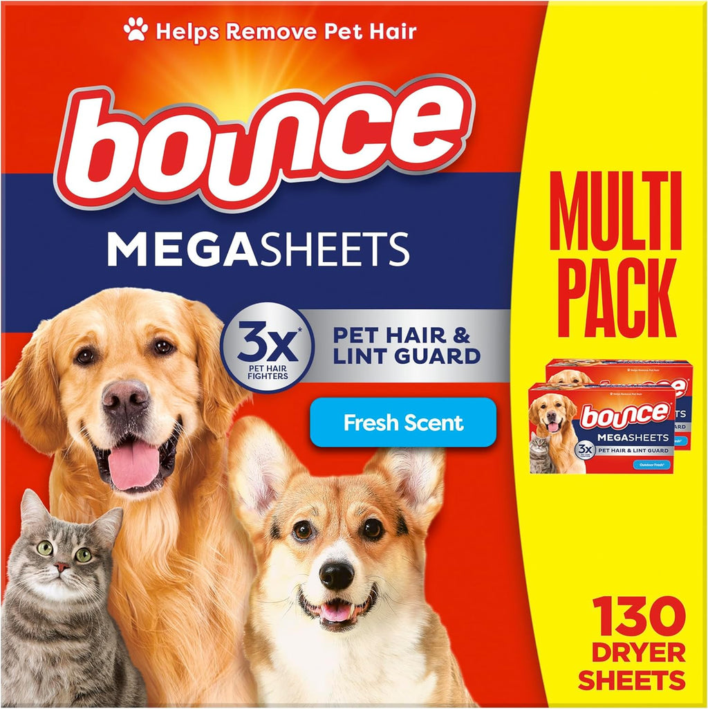 Bounce Pet Hair and Lint Guard Mega Dryer Sheets with 3X Pet Hair Fighters, Fresh Scent, 130 Count