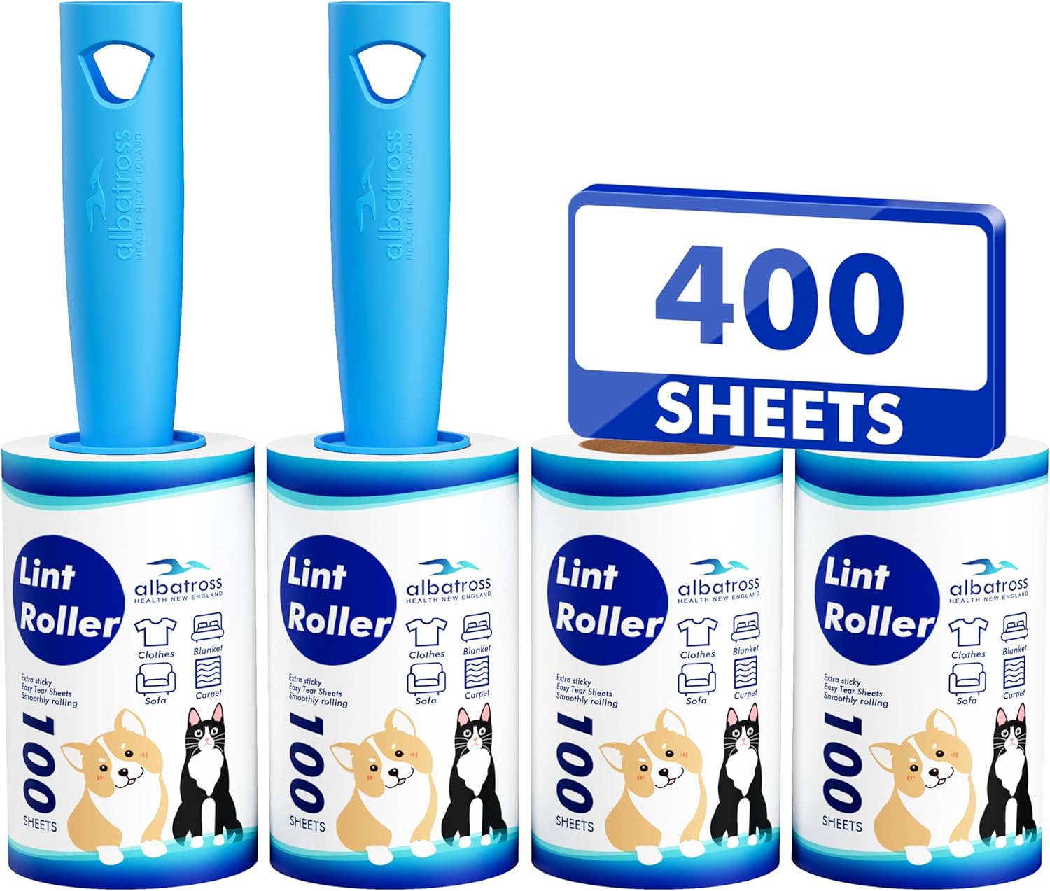 Extra Sticky Lint Roller, Mega Value Set 400 Sheets for Pet Hair Removal, Dog and Cat Lint Remover for Clothes, Furniture, Carpet