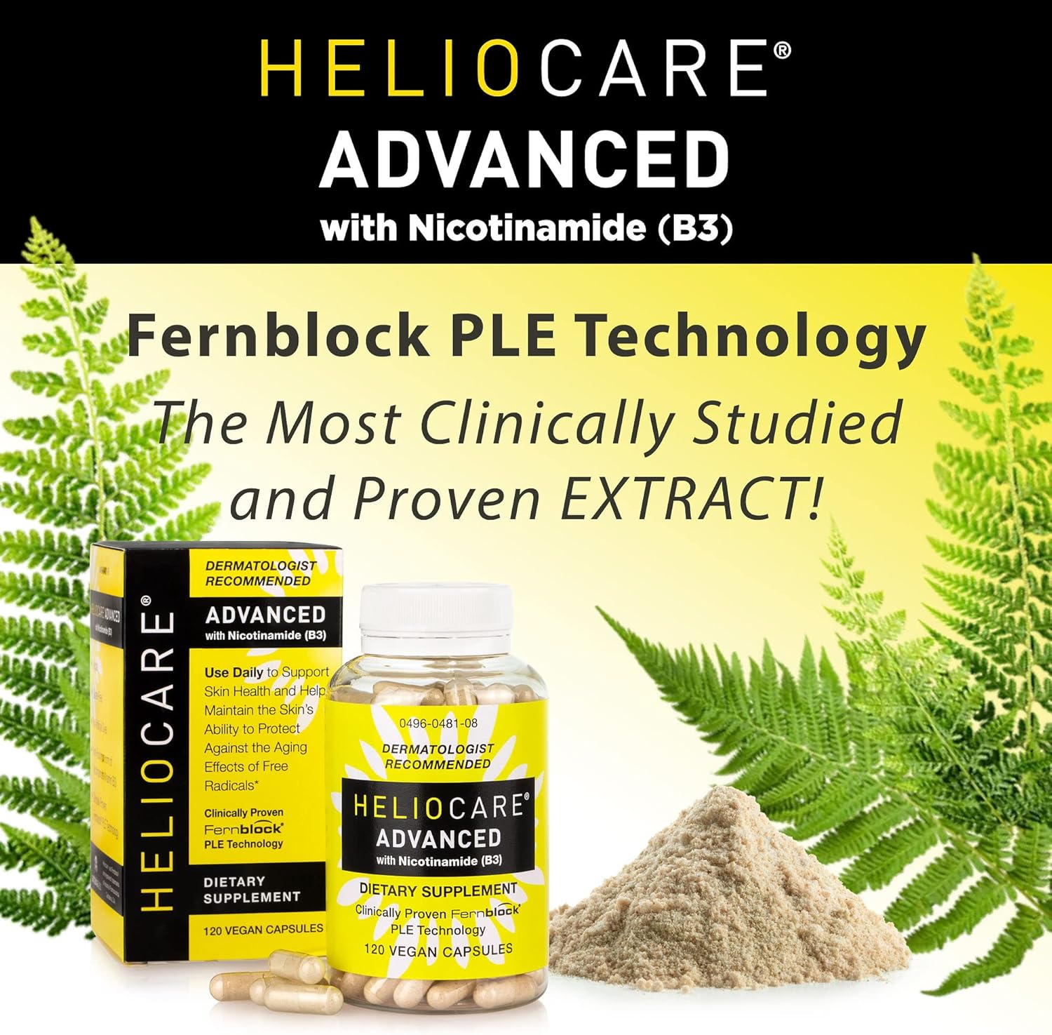 Heliocare Advanced Niacin B3 Supplement: Fernblock PLE Extract 240mg Per Serving - Supports Skin Cell Health W/Antioxidant Rich Vitamin B3 Niacin 500 mg - 120 Vegan Capsules