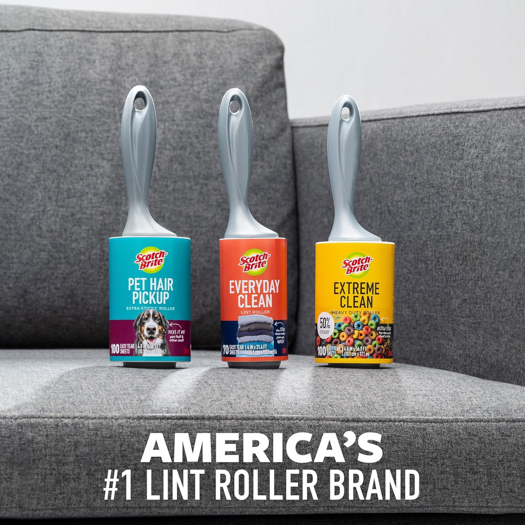 Scotch-Brite Everyday Clean Lint Roller, 3 Pack, Lint Remover for Pet Hair, Dark Clothes, Furniture, and Dusty Surfaces, Picks Up Fur & Fluff in Your Home, Car & Office, 300 Adhesive Sheets Total