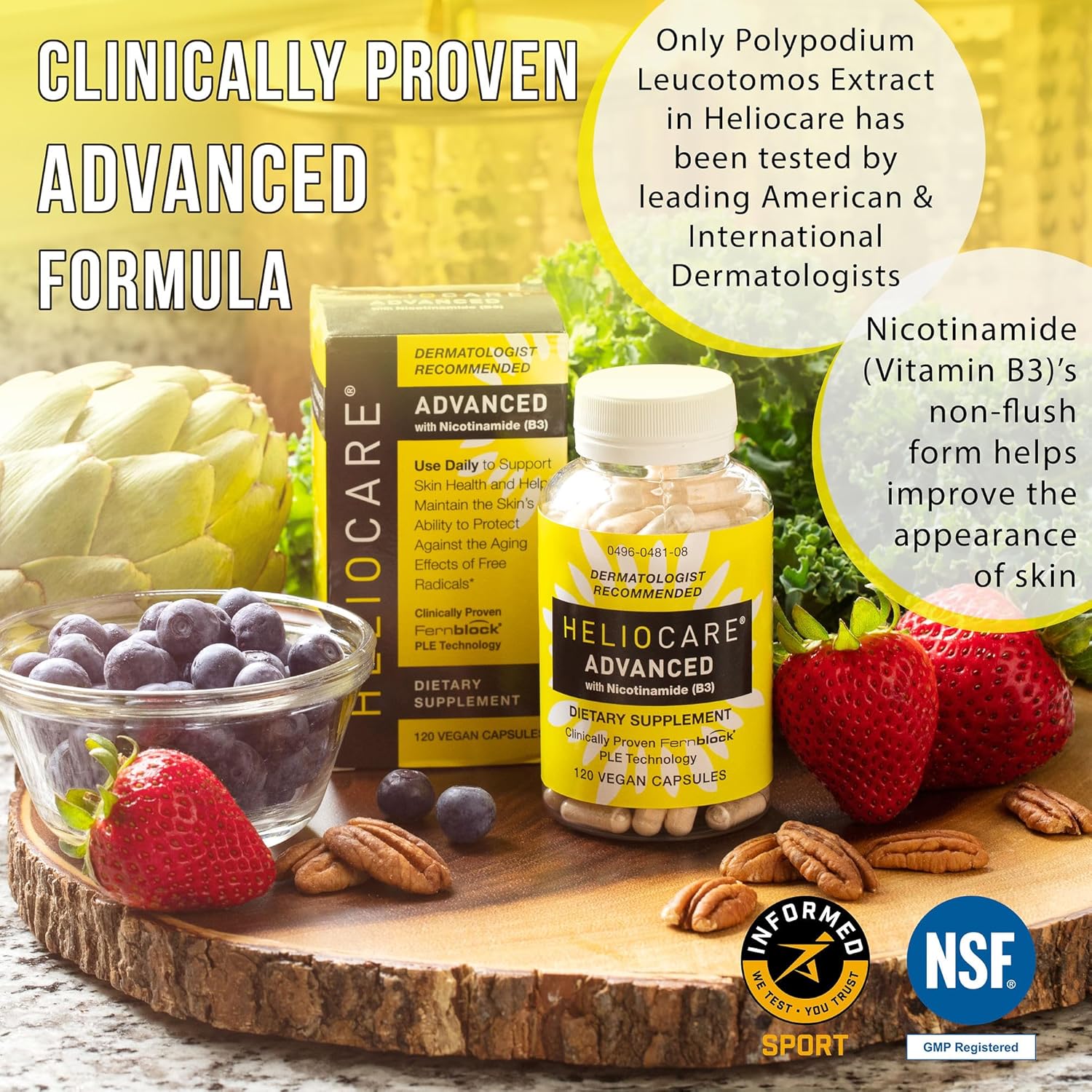 Heliocare Advanced Niacin B3 Supplement: Fernblock PLE Extract 240mg Per Serving - Supports Skin Cell Health W/Antioxidant Rich Vitamin B3 Niacin 500 mg - 120 Vegan Capsules