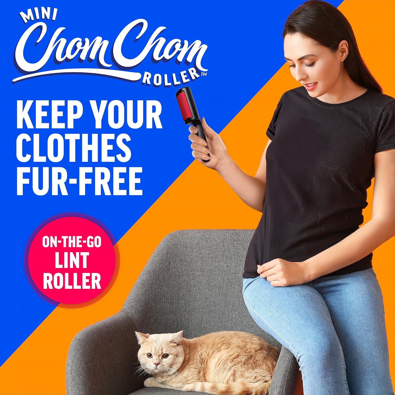 ChomChom Roller for Pet Hair - Reusable Lint Roller Pet Hair Removal Tool for Clothes, Couches, Cars and Travel - Cat Dog Hair Remover, Compact, No Sticky Refills Needed (Mini Roller)